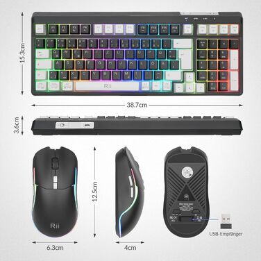 Бездротовий ігровий комплект клавіатури та миші Rii: Bluetooth + 2.4GHz, LED-підсвітка, QWERTZ