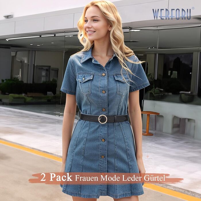 Жіночі шкіряні ремені WERFORU: 2 шт. для джинсів та штанів. Стильні ремені з золотою кільцем. Розмір: 65-75 см та 76-86 см (чорний+хакі)