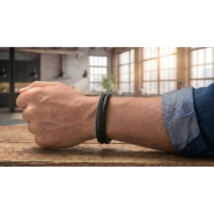 Чоловічий шкіряний браслет Baresi STEEL MB-0022: подвійний шнур, магнітний замок, регульований (19.5-21 см), чорний. З подарунковою упаковкою