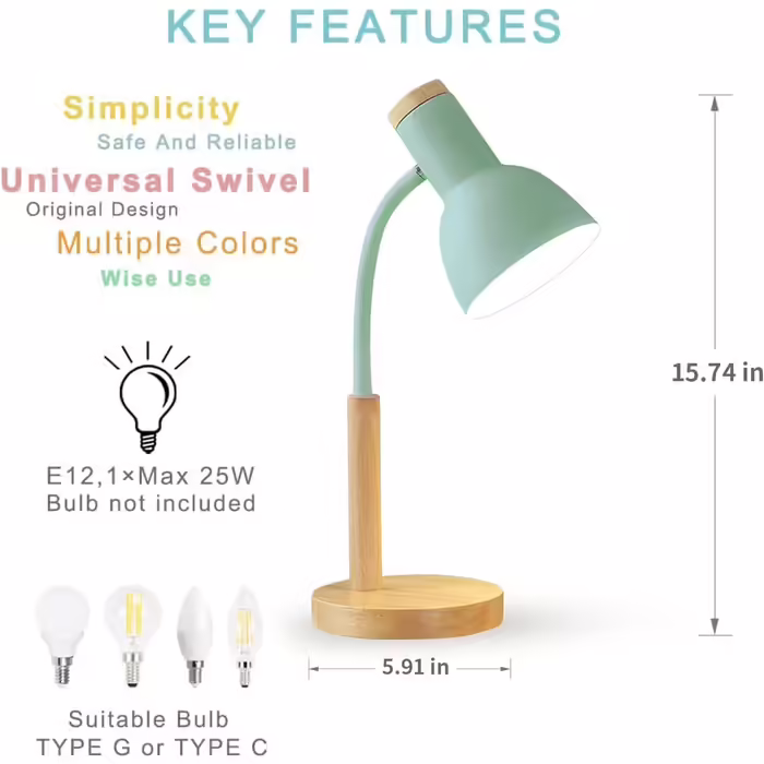 Desk Lamp, LED Reading Lamp with Classic Wood Design, E27 Socket, Adjustable Arm, Kids Table Lamp for Bedroom, Living Room (green)