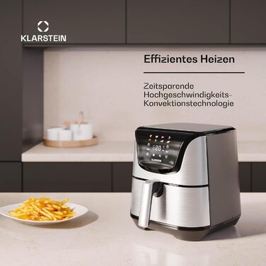 Klarstein AeroVital Deluxe Hot Air Fryer – 5.4L Airfryer, 1700W, Touch Display, 8 Programs, Non-Stick Coating, Grill Rack & Pizza Pan, Cool-Touch Housing, Timer & Temperature Control, Stainless Steel Hot Air Fryer + Basic Accessory Set