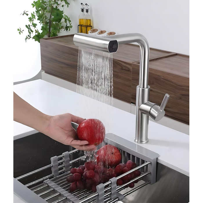 Висувний змішувач для кухні з 4 режимами – нержавіюча сталь, водоспад, високий тиск, 3/8 дюйма, для мийки