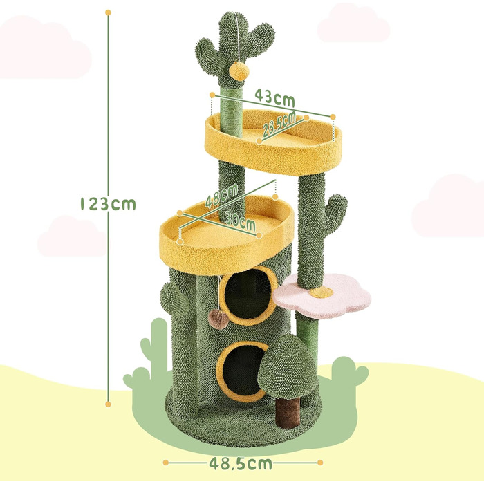 Дерево-кіготь для котів Yaheetech Kaktus, 123 см, оазис-тема, зелено-жовтий, для 2-3 котів, з 2 платформами та 2 печерами