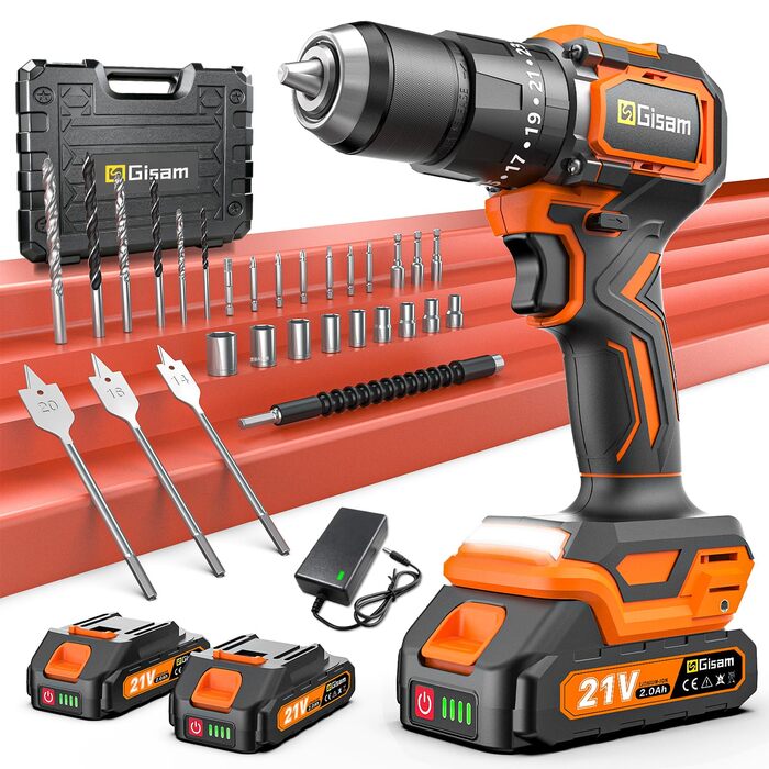 Акумуляторний шурупокрут/дрель 21V з набором 2 акумуляторів, 1200W двигун Brushless, 75Nm, 25+3 рівня крутного моменту, патрон 13мм, 2 швидкості, LED, 29-ти елементний набір для дому, саду та DIY-проектів помаранчевого кольору