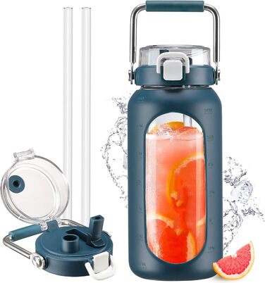 1.9L Glass Water Bottle, Glass Drinking Bottle with Straw and Stainless Steel Handle, Motivational Water Bottle with Silicone Sleeve and Time Marker, Water Pitch, Dark Blue