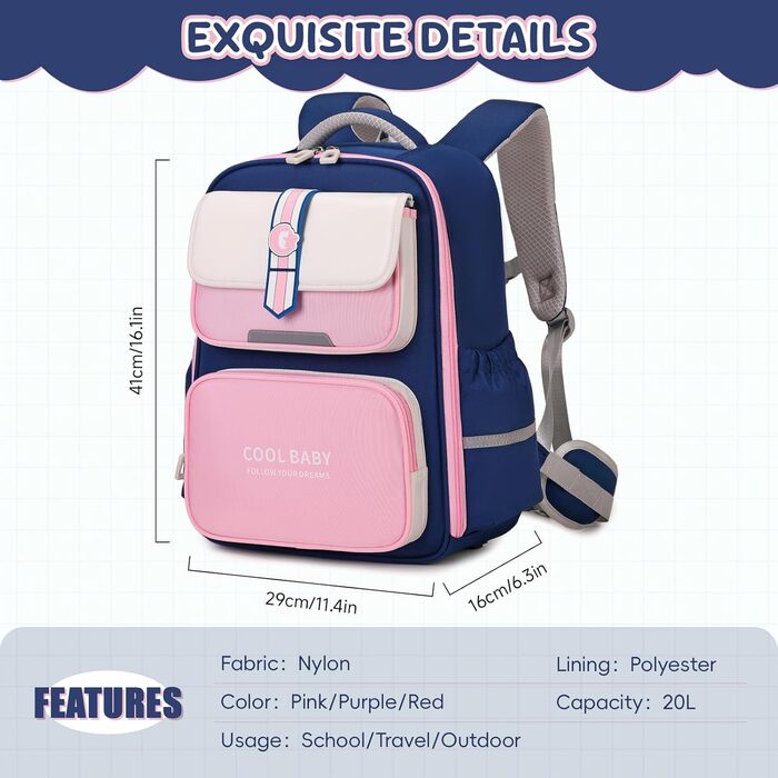 Шкільний рюкзак для дівчаток та хлопчиків, 1-4 клас, ергономічний, з нагрудним ременем, для дітей 6-10 років, з світловідбиваючими елементами (рожевий)