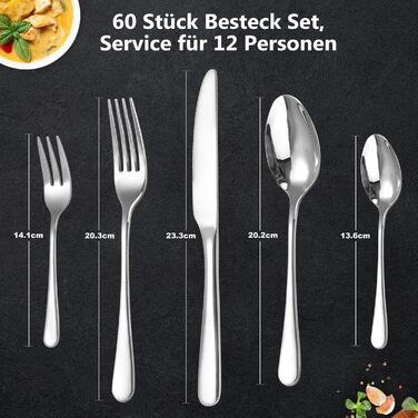 12-Person Cutlery Set, Targzier Cutlery, 60-Piece Place Setting including Knife, Fork, and Spoon, Stainless Steel Mirror-Polished Cutlery Sets, High-Quality Tableware & Dishwasher Safe