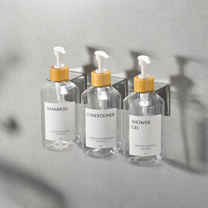 Настінний диспенсер для мила 3 шт, 500 мл, набір для душу та шампуню, чорний без свердління для кухні та ванної кімнати (прозора пляшка + білий бамбуковий ковпачок)