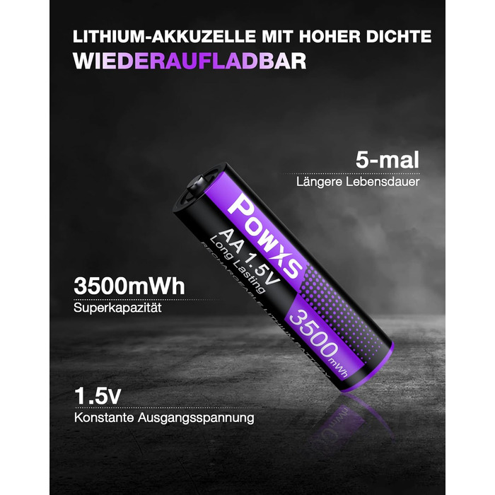 Акумулятори POWXS 8x 3500mAh AA Lithium з 8-порідним швидким зарядним пристроєм з LCD-дисплеєм | Швидка зарядка та стабільна напруга 1.5V | Для геймпадів, LED-ліхтарів, пультів дистанційного керування