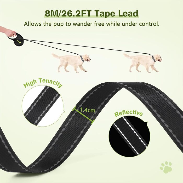 Рулетка для собак Pecute 8м, 50 кг, зелена, з антиковзним руків'ям та швидкою зупинкою