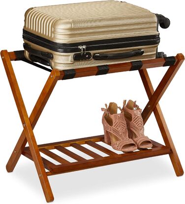 Relaxdays Folding Luggage Rack, Wooden Luggage Stool, HBT: 54.5 x 66 x 44.5 cm, 2 Shelves, Hotel Luggage Storage, white, 10029975_49 (Natural)