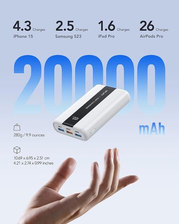 Power Bank VRURC 20000mAh: Швидка зарядка 22.5W, USB-C, 6 портів, LED-дисплей, для iPhone, Samsung, Huawei, iPad, Зелений