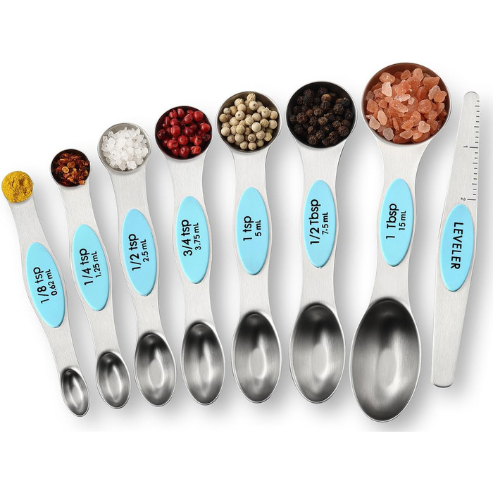 Spring Chef Magnetic Measuring Cups & Spoons Set (Patented), Strong Magnets, Durable Stainless Steel, Fits Spice Jars for Baking & Cooking, BPA-Free, Round, 15-Piece Set with Leveler, Aqua