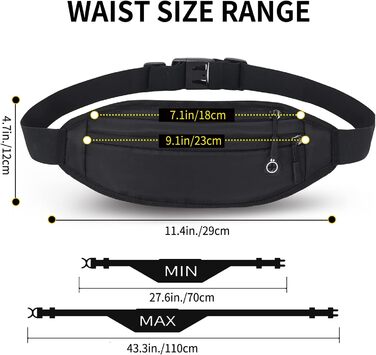 Гірчиця поясна сумка QKUDS для телефону до 7 дюймів, чорна, водонепроникна, для спорту, бігу, фітнесу, велоспорту