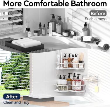 Кутовий органайзер для душу YASONIC, набір 3 шт, самоклеючі полиці у ванну кімнату, нержавіючі полички з тримачем для мила та 4 гачками, білий колір