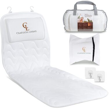 Подушка для ванни для всього тіла, 125x43 см. Килимок для ванни з підголовником, підтримка шиї, спини та ніг. З мішком для прання та сумкою для подорожей, гачками для швидкого сушіння. Білий.