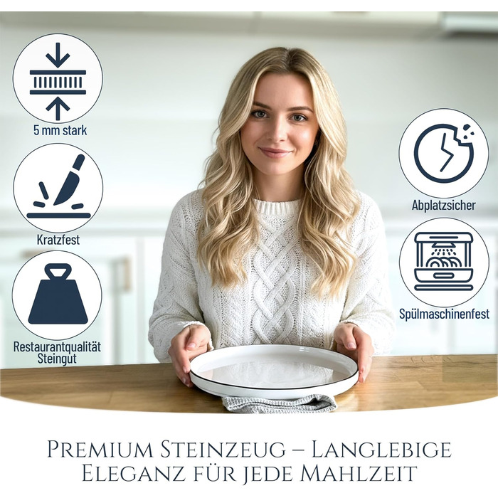 Сервіз Porzellan для 6 осіб, 24 предмети, Crystal, білий з чорним обідком. Тарілки та миски, преміум якість, сертифікат TESTSIEGER