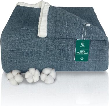 Плед SE SOFTEXLY з бавовни 100%, 4-шаровий м'який плед муслін, покривало на ліжко, накидка на диван, плед для дому, 130x150 см, білий (Pfauenblau, 200 x 230 см)