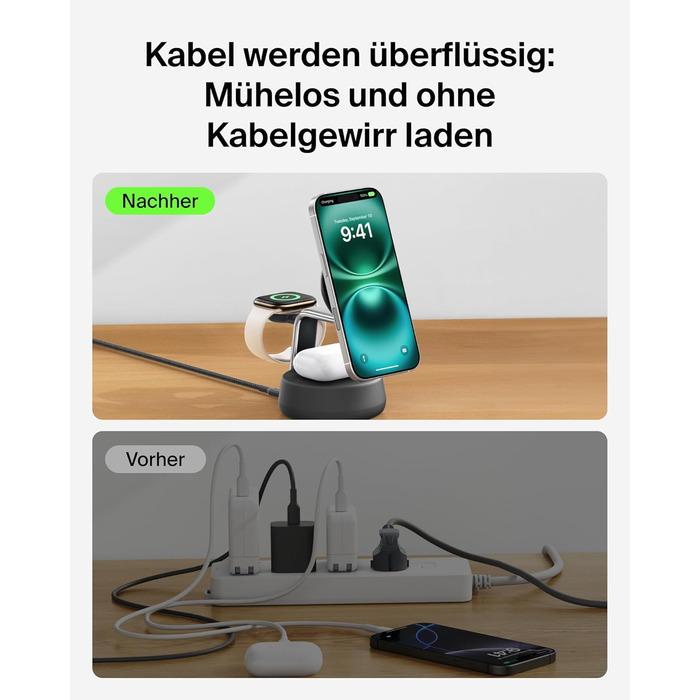 Belkin UltraCharge Pro Qi2.2 Бездротова зарядка 3-в-1 25W MagSafe сумісна для iPhone, Apple Watch, AirPods, Pixel – Чорна