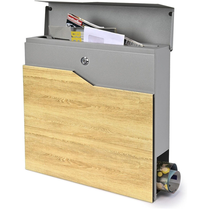 Поштова скринька Verda Anthracite з газетницею, порошкове покриття AkzoNobel, 2 ключі, табличка з іменем, персоналізована, дизайнерська настінна поштова скринька з нержавіючої сталі (срібло з виглядом дерева)