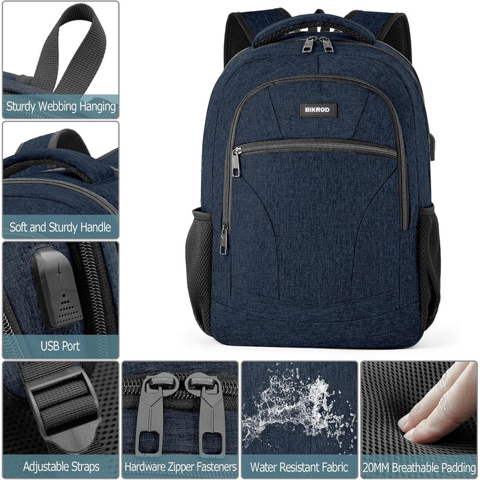 Рюкзак BIKROD для чоловіків та жінок, шкільний рюкзак для хлопчиків та дівчаток-підлітків, 15.6 дюймів, для ноутбука, для роботи, подорожей, кемпінгу, з USB-портом для зарядки, синій