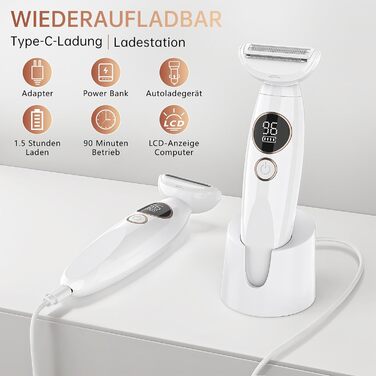 Електричний жіночий тример Lightbiz 5-в-1 для тіла та обличчя, водонепроникний (IPX7), USB-зарядка, білий