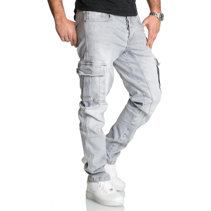 Чоловічі джинси Cargo Regular Slim Destroyed R7977 (40W/34L, Сірі) - Класичні вузькі джинси карго