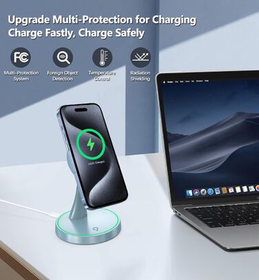 Бездротова зарядка MagSafe OANDYS 2-в-1 15W для iPhone 17/16/15/14/13/12 та AirPods, нічна лампа блакитна