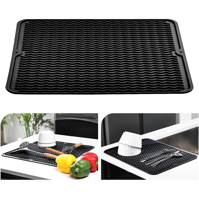 Килимок для посуду KitchenRaku 40x45 см, силіконовий, термостійкий, антиковзний, чорний