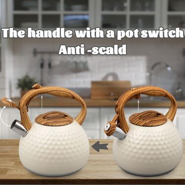 Чайник для плити, 3 л, нержавіюча сталь, з ручкою з деревом, чайник-свисток для індукційних, газових та електричних плит (білий)