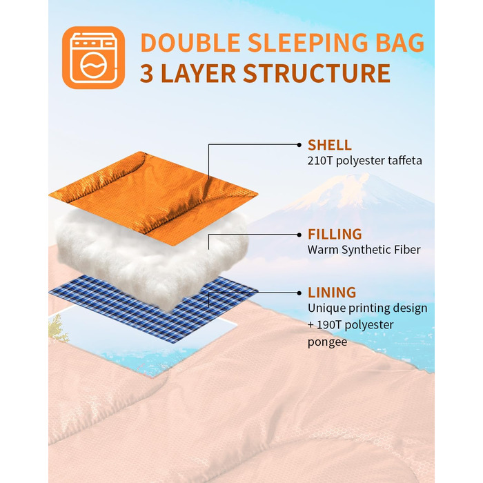 Сплячий мішок Outdoor Sportneer для 2 осіб, 3 сезони, 220x150 см, 2.75 кг, з 2 подушками, для дорослих, оранжевий (без фланелевої підкладки)