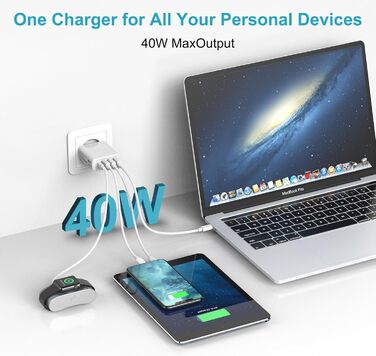 Мережевий зарядний пристрій USB C на 4 порти, 40W, PD&QC3.0, для iPhone, Samsung Galaxy
