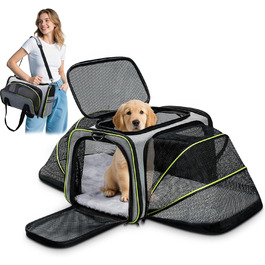 Транспортна сумка для котів та маленьких собак ALLSOPETS, розширювана, з підкладкою з флісу та кишенями (сірий & зелений)