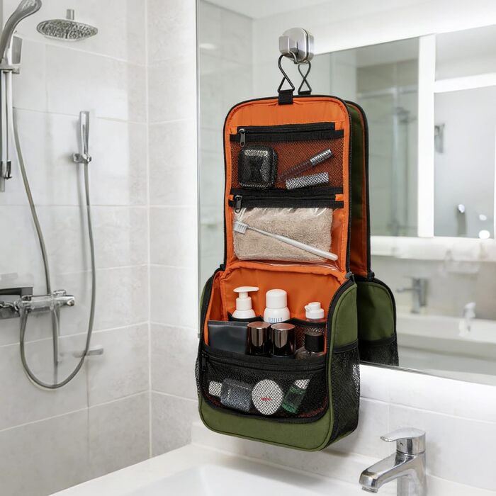 Чоловіча та жіноча дорожня косметичка Kulturbeutel Reise, водонепроникна, з гачком для підвішування, 7 відділень для кемпінгу та подорожей (зелена)