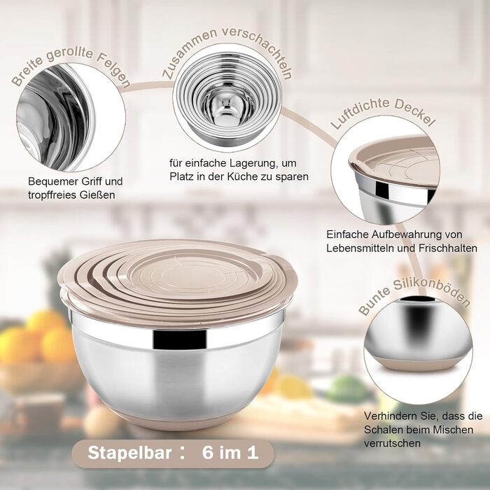 Homikit Mixing Bowl Set, Stainless Steel Bowl Salad Bowl 6-Piece Set with Airtight Lid & Khaki Silicone Bottom, Nesting, 4.6L/2.8L/2.5L/1.6L/1.2L/0.7L