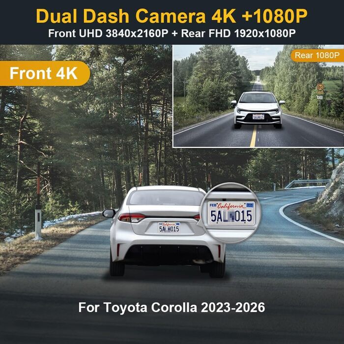 Автореєстратор Fitcamx 4K для Toyota Corolla Hybrid Hatchback 2023-2026 (LE, SE, XLE, XSE) — OEM стиль, WiFi, G-сенсор, нічний режим, WDR, Plug&Play, з карткою 64GB (передня 4K, задня 1080P)