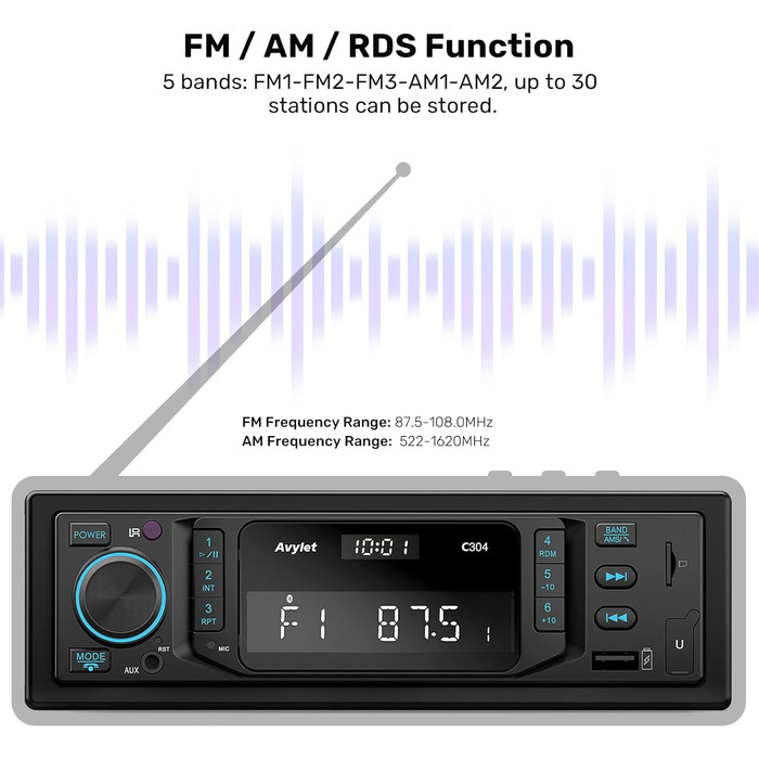 Автомагнітола 1 DIN Avylet Bluetooth 5.0, RDS/FM/AM, 7 кольорів підсвітки, USB, AUX-IN, MP3, підтримка 30 радіостанцій, функція гучного зв'язку