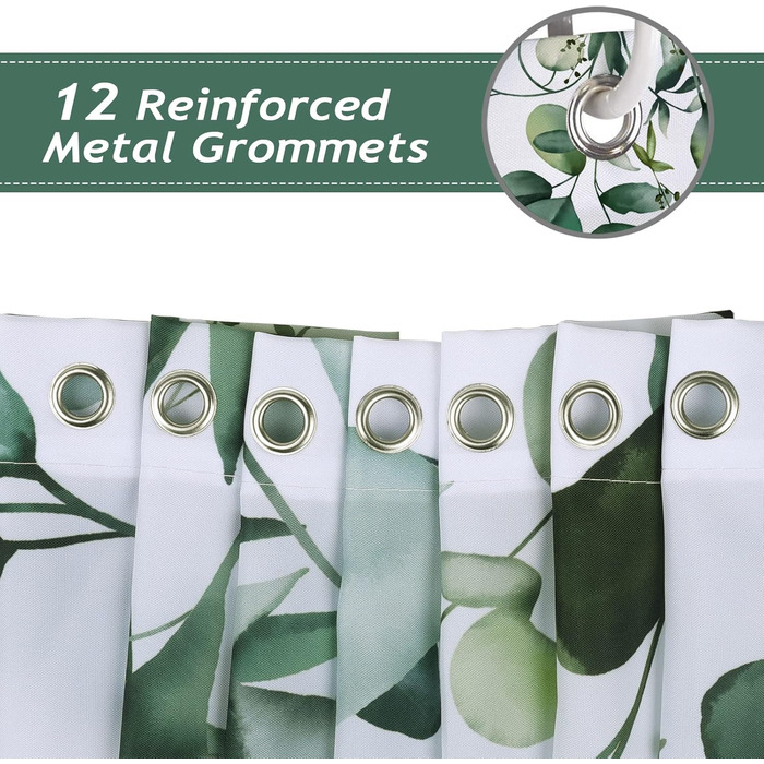 Шторка для душу Bonhause з зеленими листями, рослинний принт, 180 x 180 см, антигрибкова, водовідштовхувальна, поліестер, для ванної кімнати, з 12 гачками