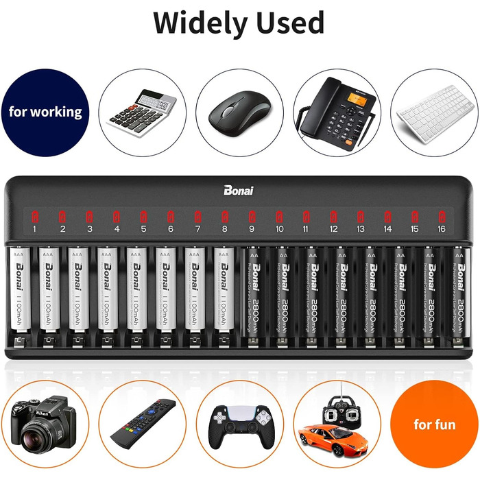 Зарядний пристрій BONAI для акумуляторів AA AAA з LED-індикатором, 16 слотів, універсальний, чорний