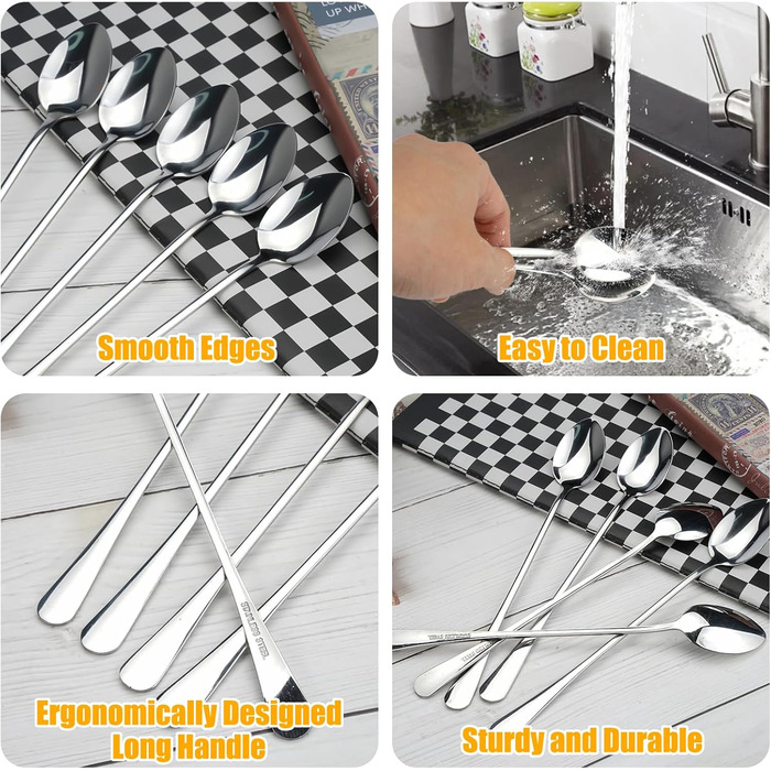 12 довгих ложок для лате макіато, 20 см: коктейльні, для морозива, кави, молочних коктейлів, десертів, нержавіюча сталь, придатні для миття в посудомийній машині