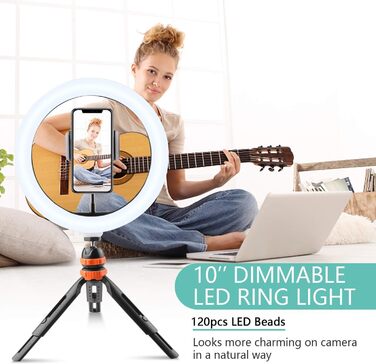 LED кільцева лампа з штативом для телефону 26 см (10 дюймів) - 3 режими світла, 11 рівнів яскравості, регульована, для селфі, макіяжу, стрімінгу