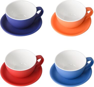 Набір кавових чашок каппучіно Yundu 4 шт. по 300 мл – керамічні чашки з блюдцями, матова палітра темних відтінків для латте-арт та бариста, великий набір мока чашок та блюдцят у змішаних матових кольорах