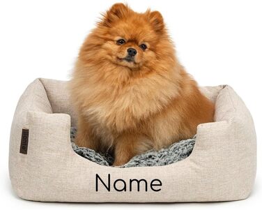 Lionto Dog Basket with Fluffy Reversible Cushion, Cozy Pet Bed in a Marbled Design with Deep Entry for Dogs & Cats of All Sizes, 80x60 cm, Soft Dog Bed, (Beige, L 60 x W 50 x H 22 cm (with name imprint))