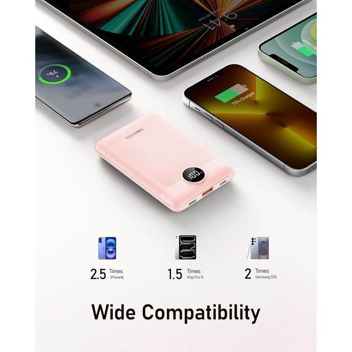 Powerbank VEEKTOMX 10000mAh з PD3.0 та QC3.0, 22,5W, Mini, USB-C, для iPhone/iPad/Samsung/Huawei/Xiaomi/OnePlus, білий/рожевий