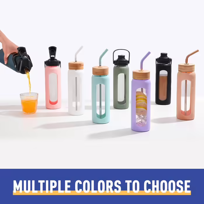 BLUEGO Glass Water Bottle - Sport Water Bottle with 2 Lids and Straw Leak-proof Glass Bottle with Time Marker and Measurement Scale BPA Free, (White, 700 ml)