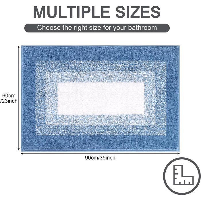 Super Soft Microfiber Bath Mat - Absorbent Non-Slip Bathroom Rug - Washable Shower Mat - 60x90cm Blue