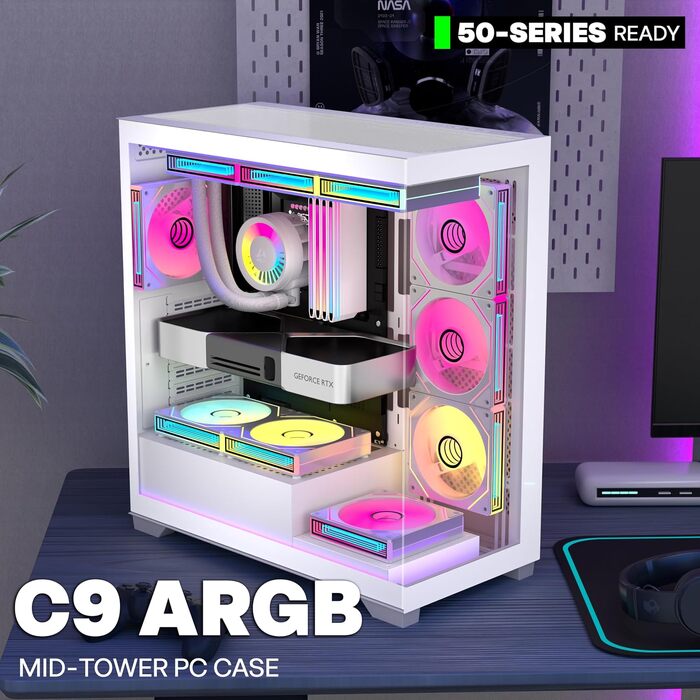 Ігровий корпус для ПК ANSAITE ATX Mid-Tower, 6 ARGB PWM вентиляторів, панорамне загартоване скло, підтримка радіатора 360мм, USB Type-C, Чорний