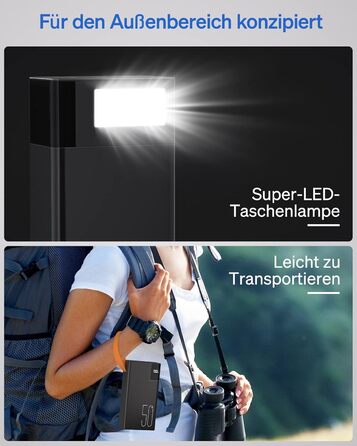 Power Bank 50000mAh: Портативний зарядний пристрій з великою ємністю 2×25000mAh, швидка зарядка 22,5W, ліхтарик, чорний