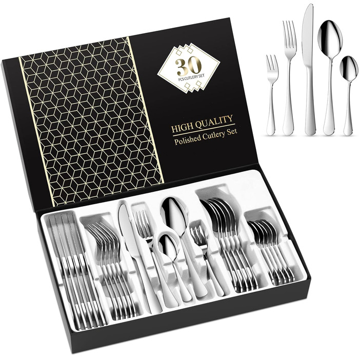 Набір столових приборів Aoeeppa на 6 осіб (30 предметів), нержавіюча сталь, дзеркальна поліровка, для дому, кухні, ресторану, придатний для миття в посудомийній машині (сріблястий)