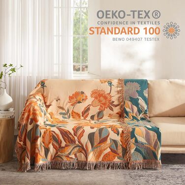 Богемна ковдра Softexly Boho Decke: 100% бавовна, двостороння муслінова ковдра 150x200 см, м'яка пледова ковдра та покривало для ліжка, естетичний дизайн, ідеально для вітальні та спальні, помаранчево-зелена (130 x 150 см, Blütentraum)